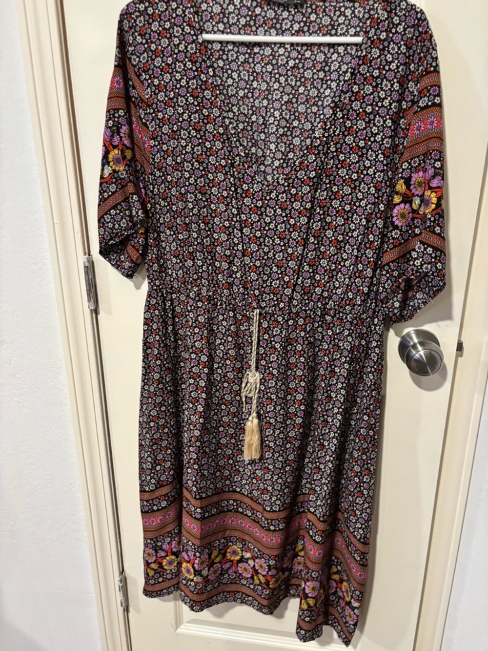 SHEIN Black Floral Midi Dress with Tassel Waist